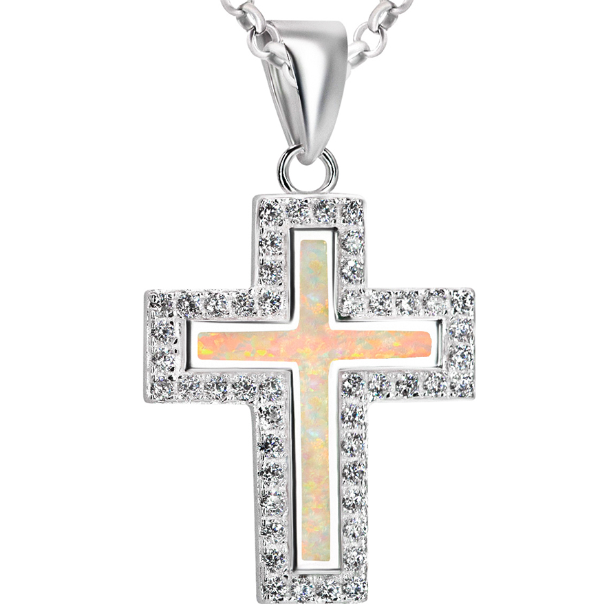✞ Zirconia Surrounding Light Opal in Sterling Silver Cross Necklace