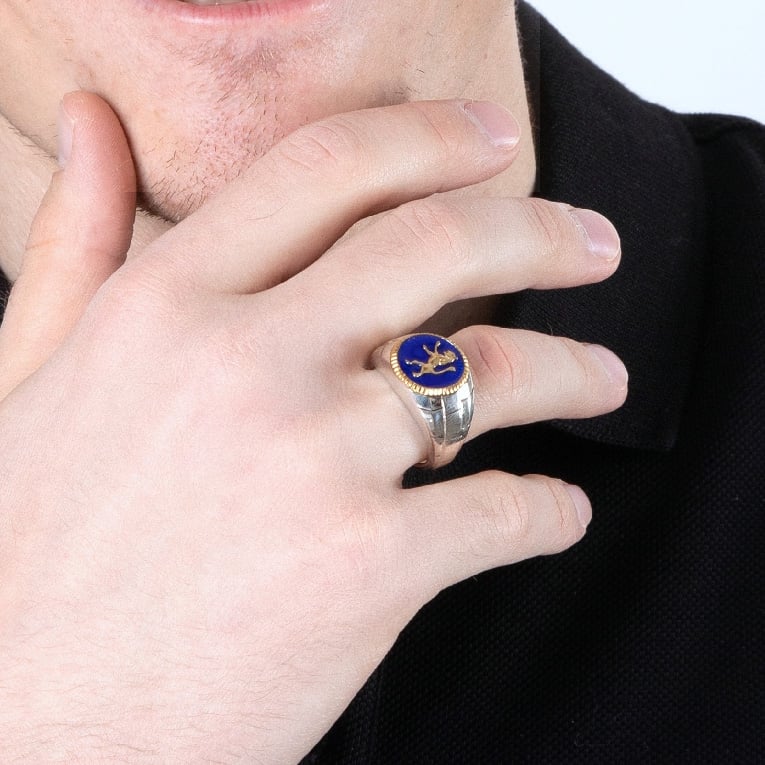 Gold Plated ‘Lion of Judah’ on Blue Enamel Sterling Silver Ring – worn by model