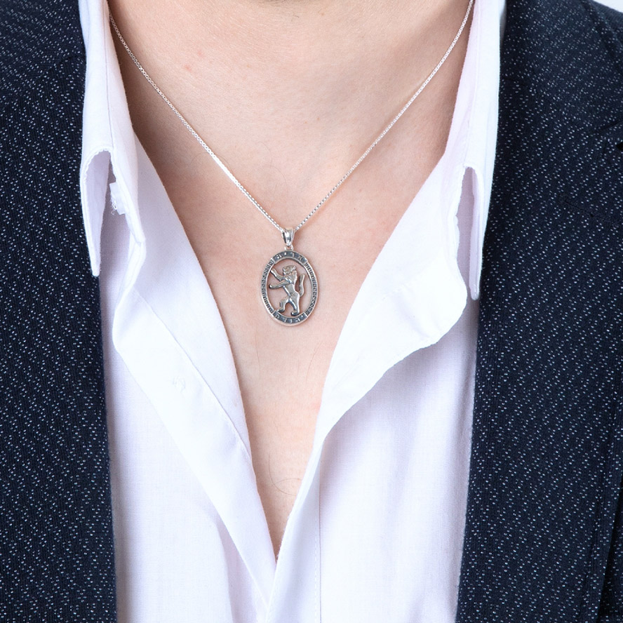 ‘Lion of Judah’ Pendant in Sterling Silver Engraved in Hebrew (worn by a male model)