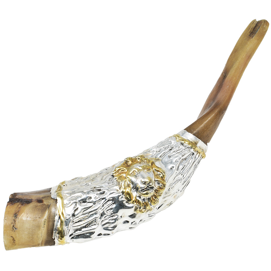 Silver Ram’s Horn Shofar with ‘Lion of Judah’ design (without stand)