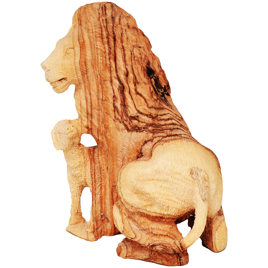 Exclusive ‘Lion and the Lamb’ Olive Wood Biblical Ornament – 6″ (rear view)
