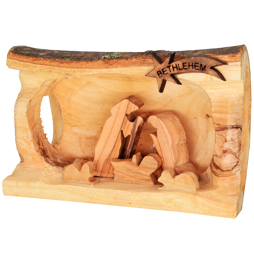 Olive Wood Nativity Log – Made in Bethlehem – 5 inch