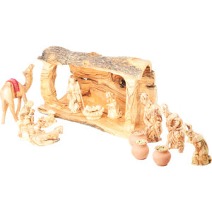 Olive Wood Log Nativity Set with Gifts of the Wise Men in Clay Pots and a Camel