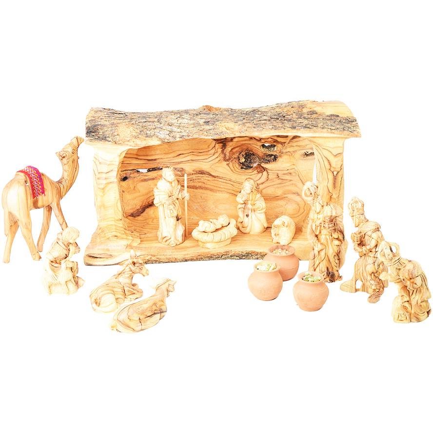 Olive Wood Nativity Set with Gifts of the Wise Men in Clay Pots and a Camel (front view)