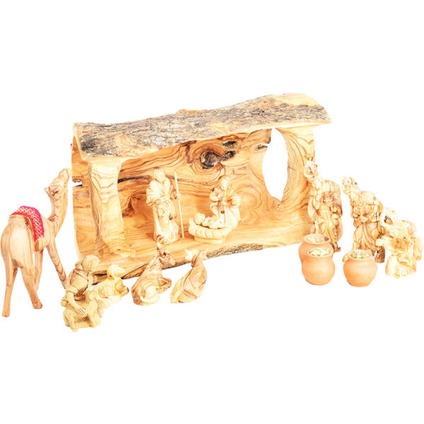 Olive Wood Nativity Set with Gifts of the Wise Men in Clay Pots and a Camel (angle view)