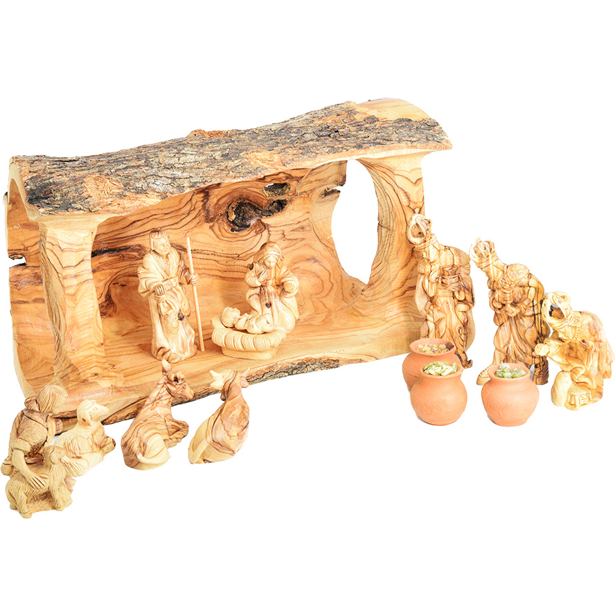 Olive Wood Log Nativity Set + Gifts of the Wise Men in Clay Pots