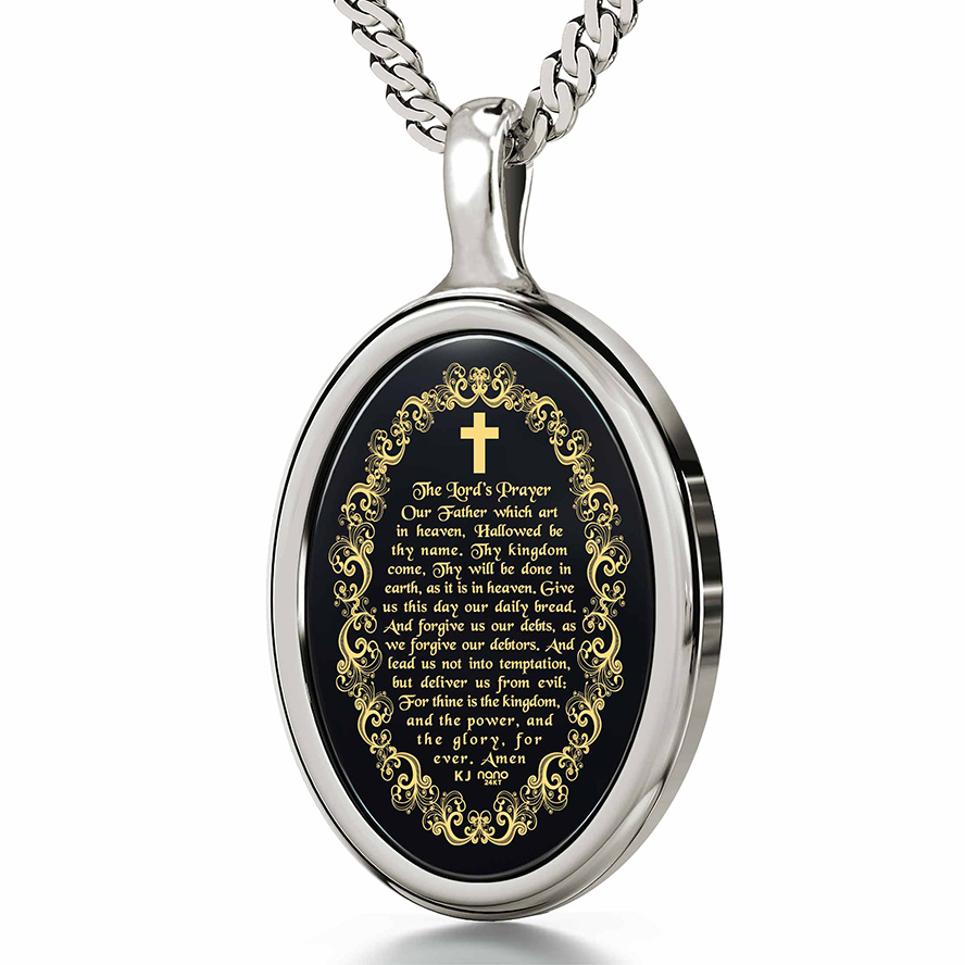 "The Lord's Prayer" KJV 24k Inscribed Onyx - Oval 925 Silver Necklace