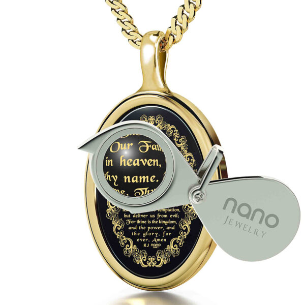 "The Lord's Prayer" KJV 24k Inscribed Onyx - Oval 14k Gold Necklace (with magnifying glass)