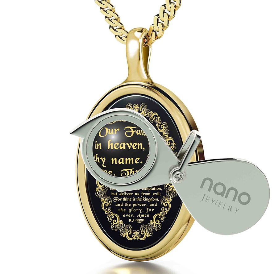 “The Lord’s Prayer” KJV 24k Inscribed Onyx – Oval 14k Gold Necklace (with magnifying glass)