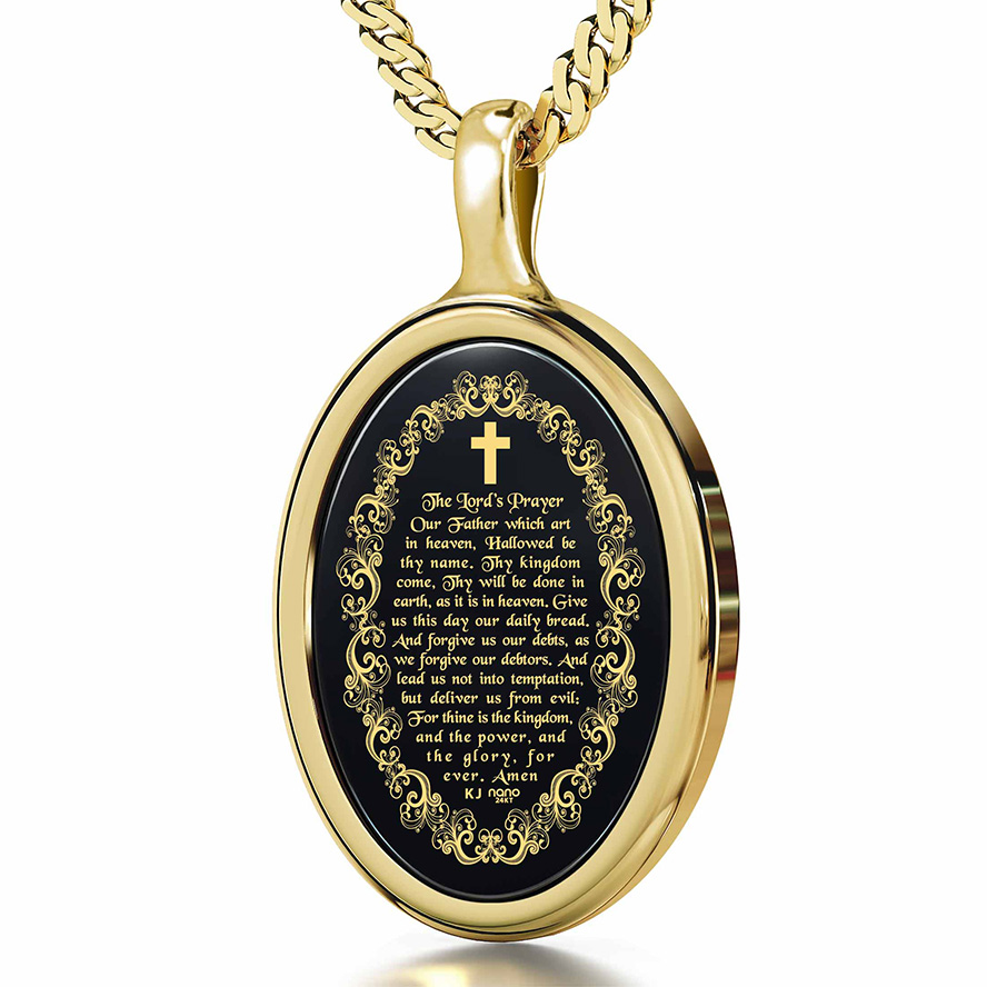 “The Lord’s Prayer” KJV 24k Inscribed Onyx – Oval 14k Gold Necklace