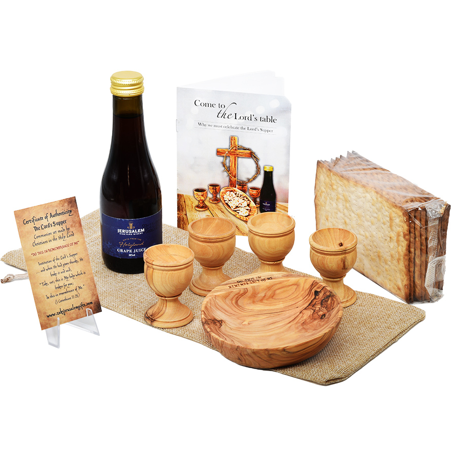 Complete Olive Wood LORD’s Supper Set with Grape Juice, Matzo & Booklet