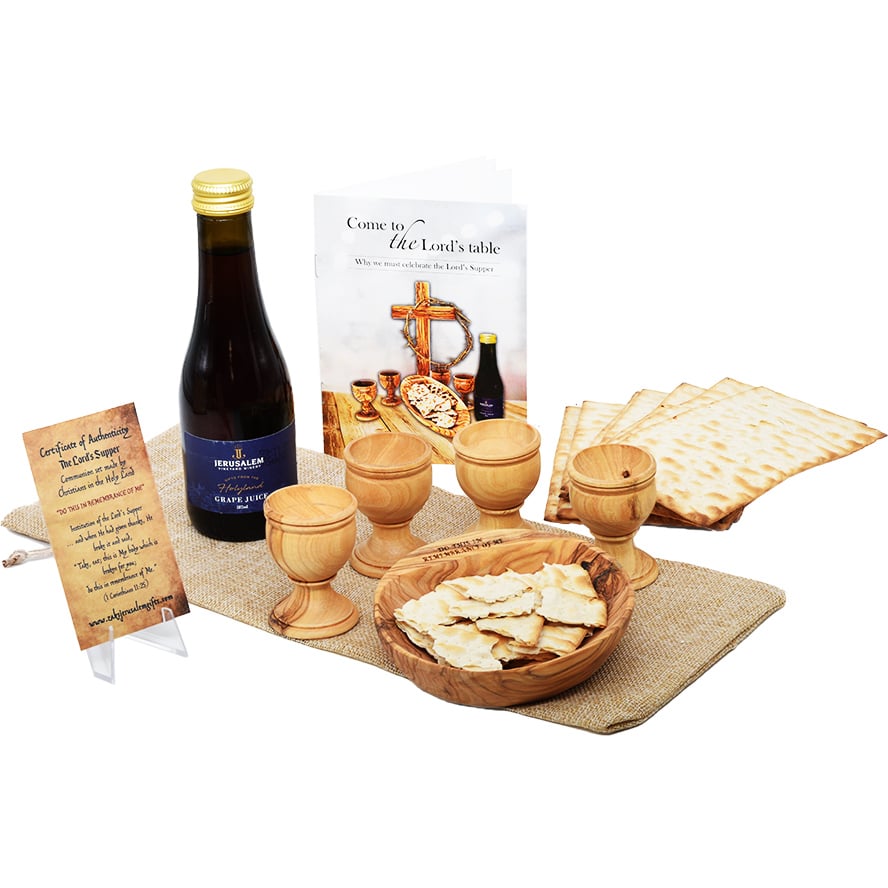 Complete Olive Wood LORD’s Supper Set with Grape Juice and Matzo