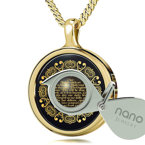 "The Lord's Prayer" KJV 24k Engraved Onyx - 14k Gold Round Necklace (with magnifying glass)