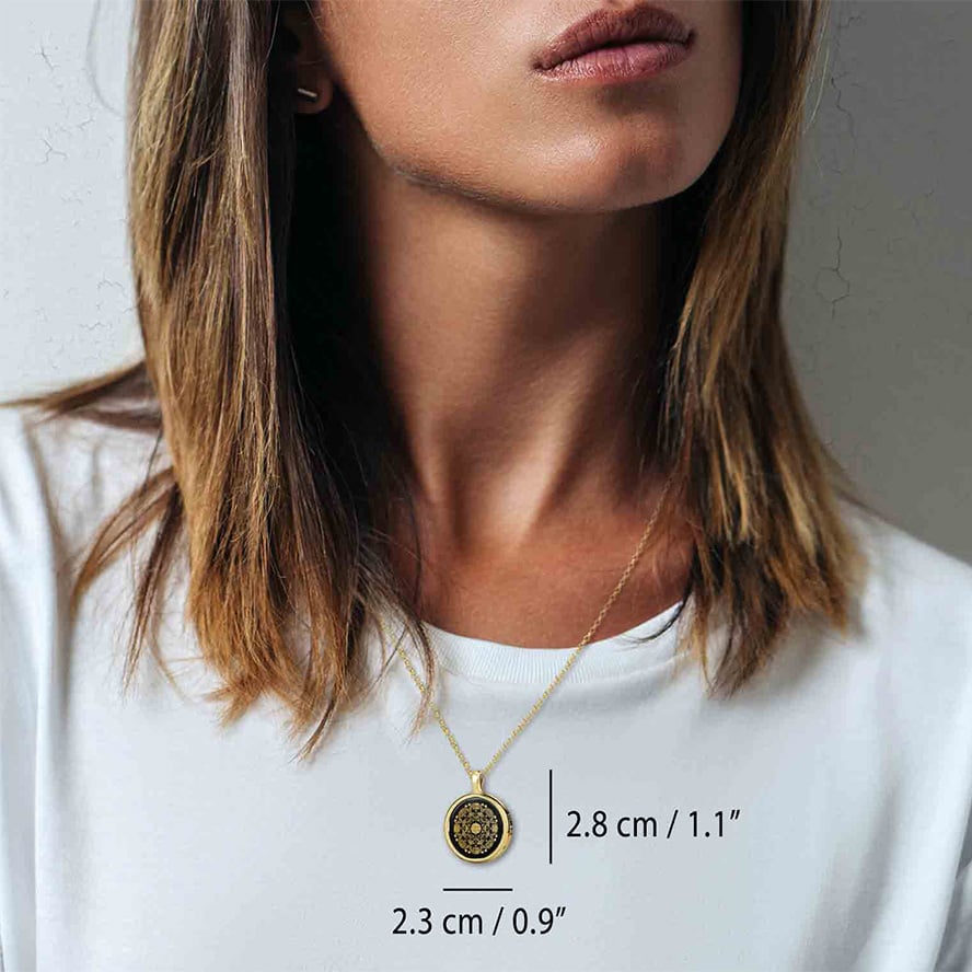 “The Lord’s Prayer” KJV 24k Engraved Onyx – 14k Gold Round Necklace (worn by model)
