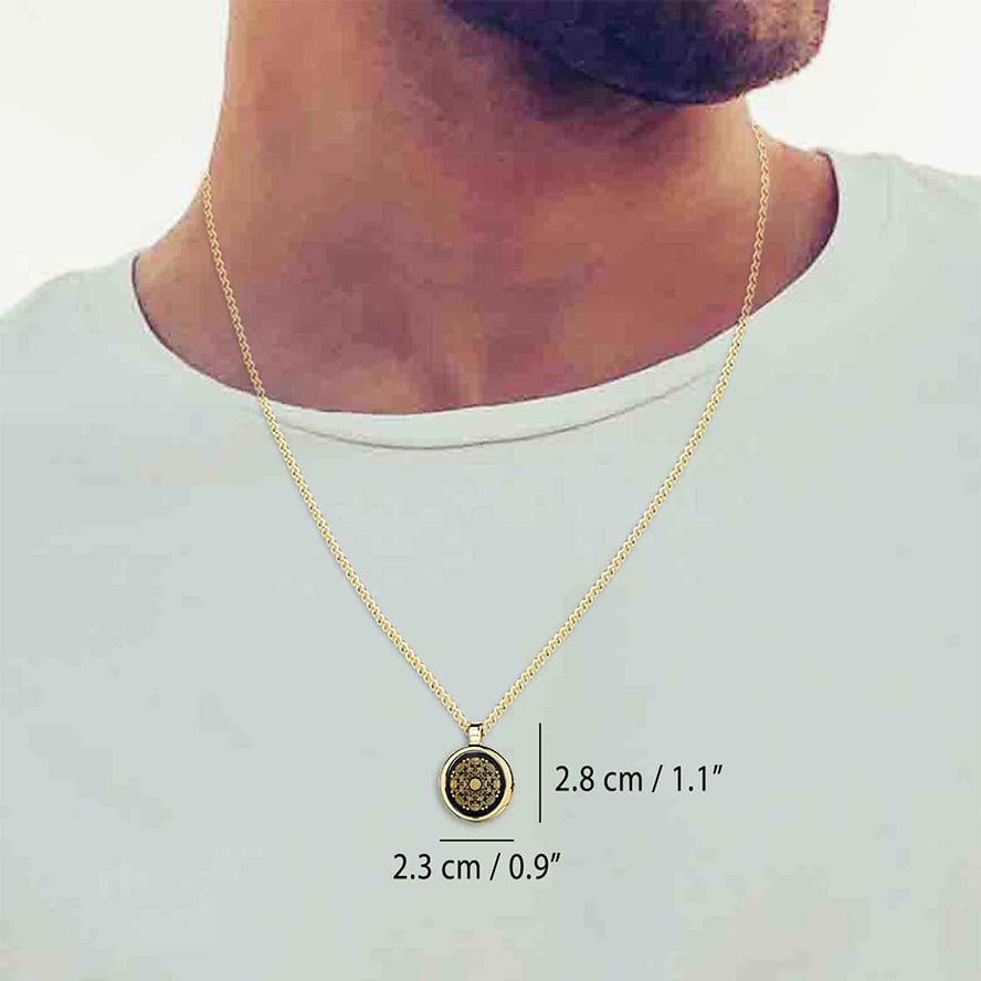“The Lord’s Prayer” KJV 24k Engraved Onyx – 14k Gold Round Necklace (worn by a man)