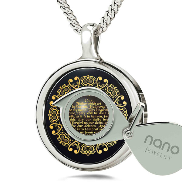"The Lord's Prayer" KJV 24k Engraved Onyx - 925 Silver Round Necklace (with magnifying glass)