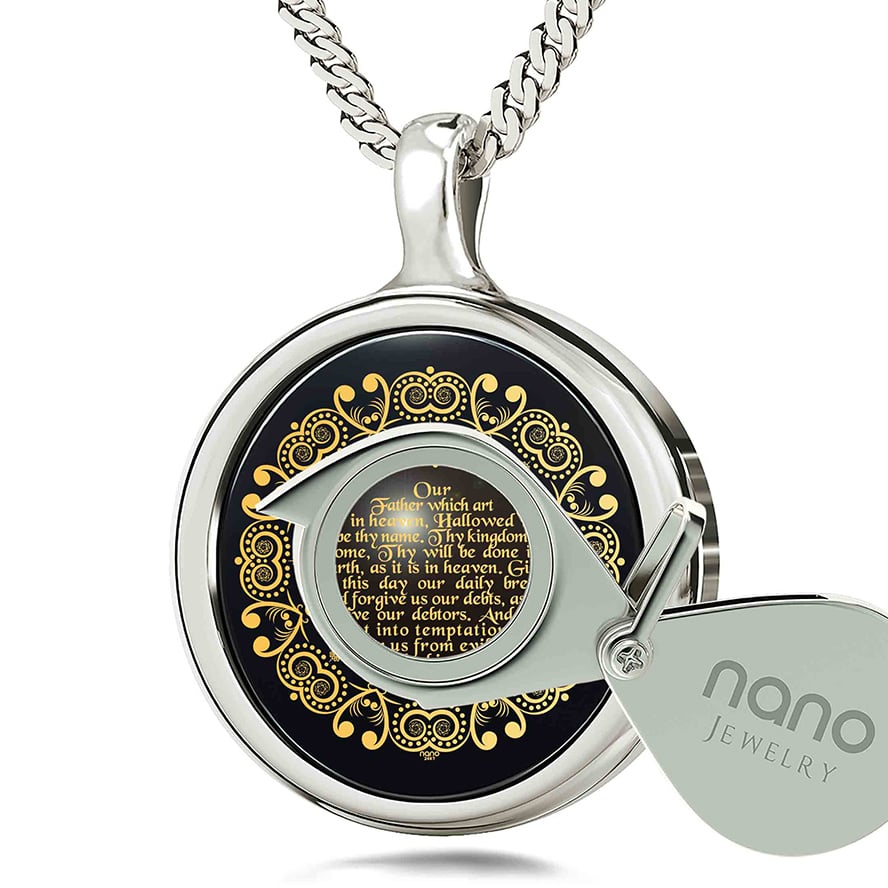 “The Lord’s Prayer” KJV 24k Engraved Onyx – 925 Silver Round Necklace (with magnifying glass)