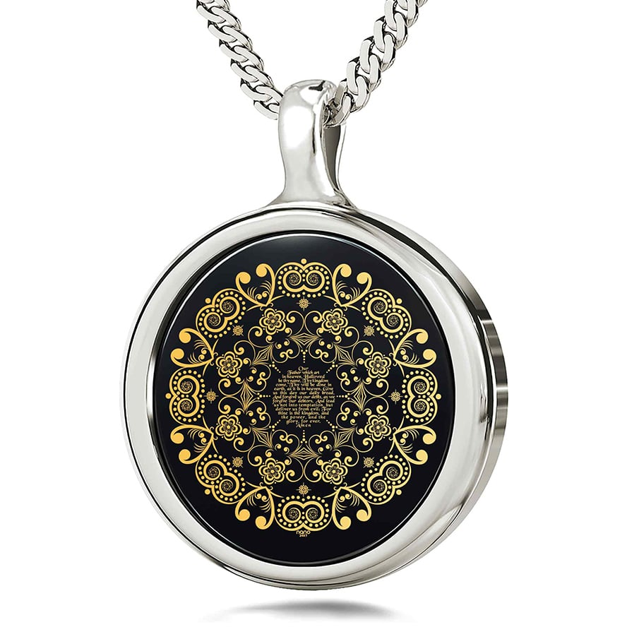 "The Lord's Prayer" KJV 24k Engraved Onyx - 925 Silver Round Necklace