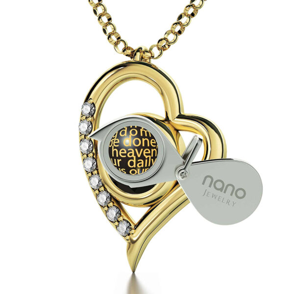 "The Lord's Prayer" KJV - 24k Nano Engraved 14k Gold Diamond Heart Necklace (with magnifying glass)
