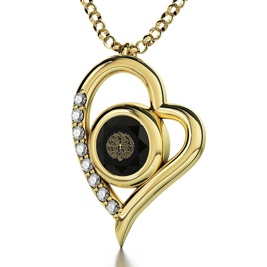 “The Lord’s Prayer” KJV – 24k Nano Engraved 14k Gold Diamond Heart Necklace