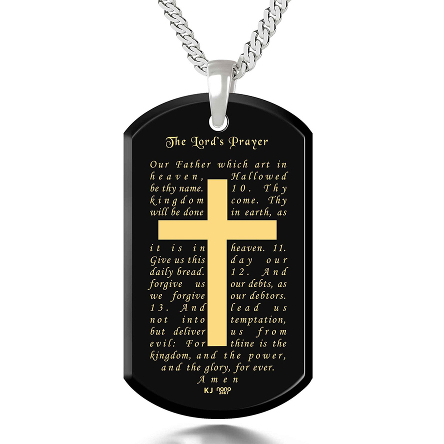 “The Lord’s Prayer” 24k Engraved Onyx 925 Silver Dog Tag Necklace