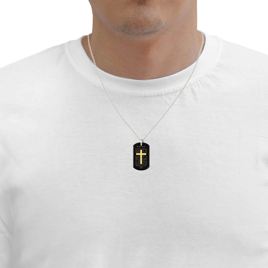 “The Lord’s Prayer” 24k Engraved Onyx 925 Silver Dog Tag Necklace (worn by male model)