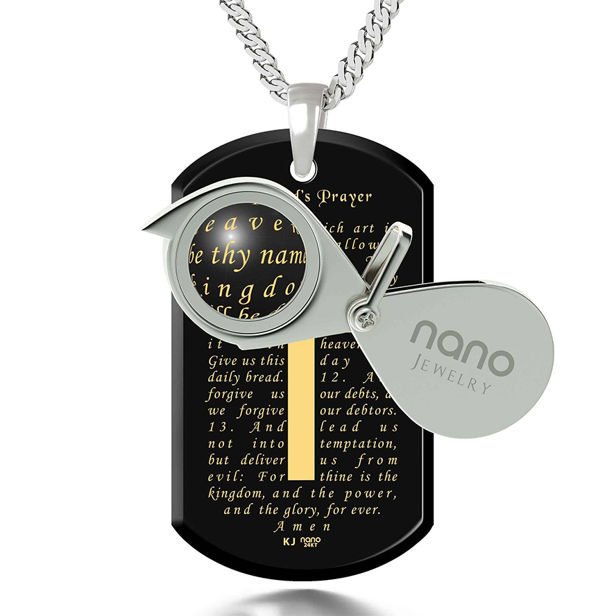 “The Lord’s Prayer” 24k Engraved Onyx 925 Silver Dog Tag Necklace (with magnifying glass)