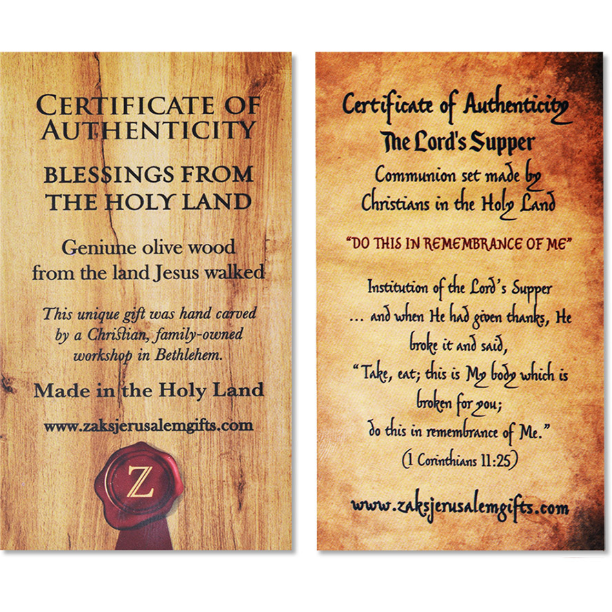 “The Lord’s Supper” certificate of authenticity – Holy Land olive wood