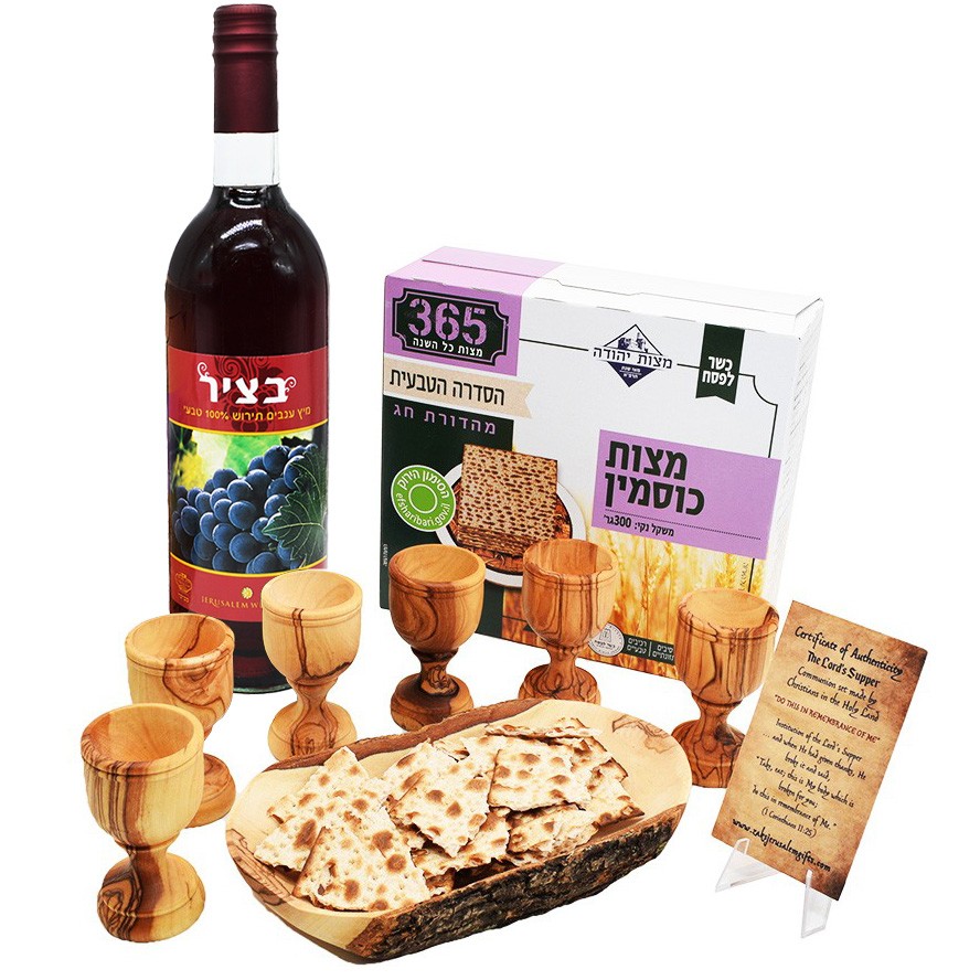 Olive Wood ‘The Lord’s Supper’ – 6 Cups, Matza Bread & Grape Juice