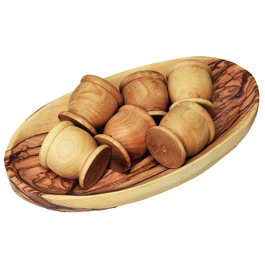 The Lord’s Supper – Set of 6 Olive Wood Cups with 6″ Oval Dish (top view)