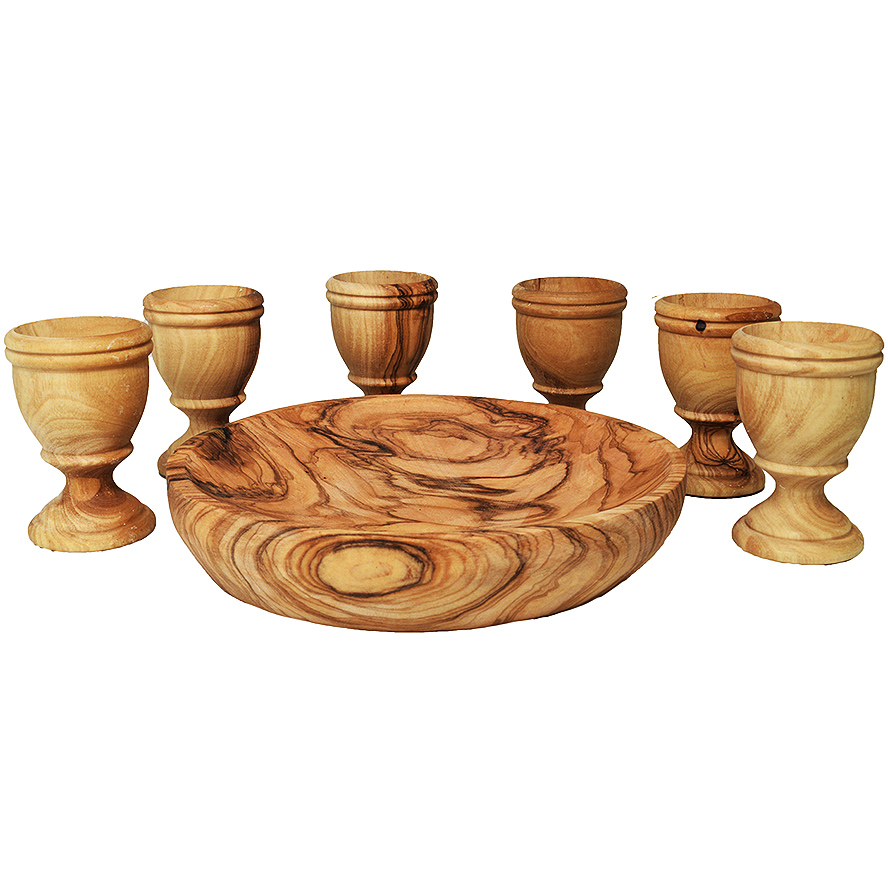 “The Lord’s Supper” set – 6 Stem Cups & Round Olive Wood Dish (side view)
