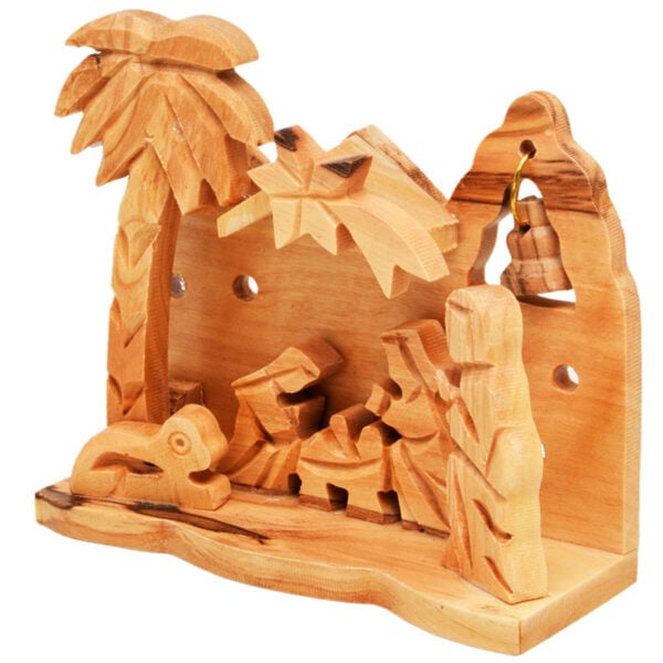 Manger Square Olive Wood Nativity Creche Ornament with a Bell (side view)