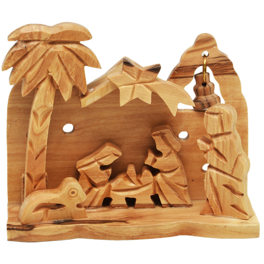 Manger Square Olive Wood Nativity Creche Ornament with a Bell