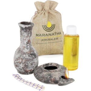 'Maranatha' Clay Lamp and Oil Filler with Jerusalem Oil (sackcloth bag)