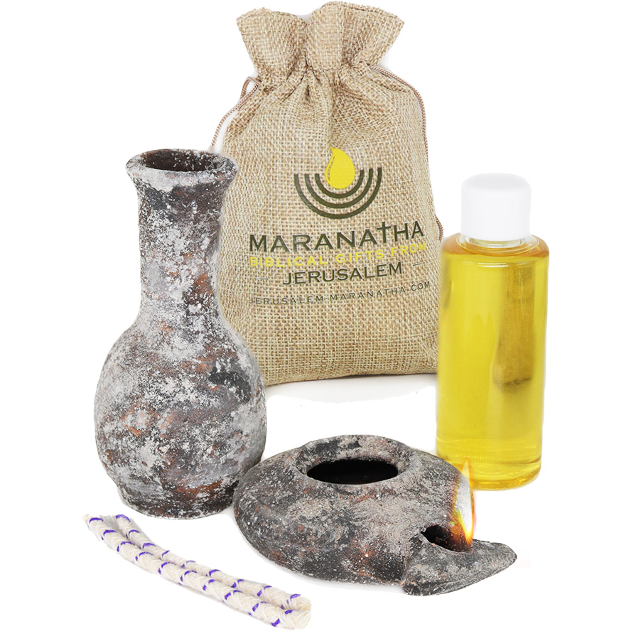 ‘Maranatha’ Clay Lamp and Oil Filler with Jerusalem Oil (sackcloth bag)