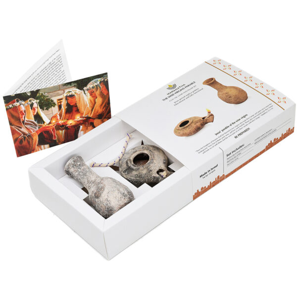 Maranatha - Wise Virgins Clay Oil Lamp & Filler - Boxed Set from Israel (box open)