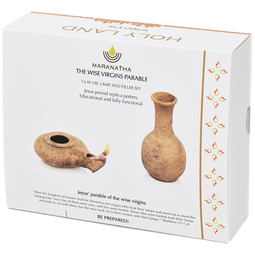 Maranatha – Wise Virgins Clay Oil Lamp & Filler – Boxed Set from Israel (standing box)