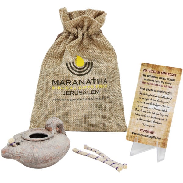 Herodian Replica Clay Oil Lamp from Israel in Sackcloth Bag - Maranatha!