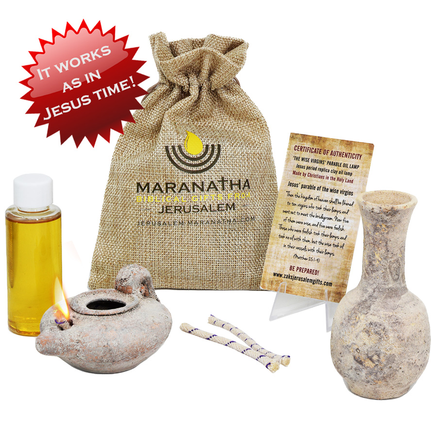 Replica Clay Lamp & Filler of Jesus Period + Jerusalem Oil and Maranatha Bag