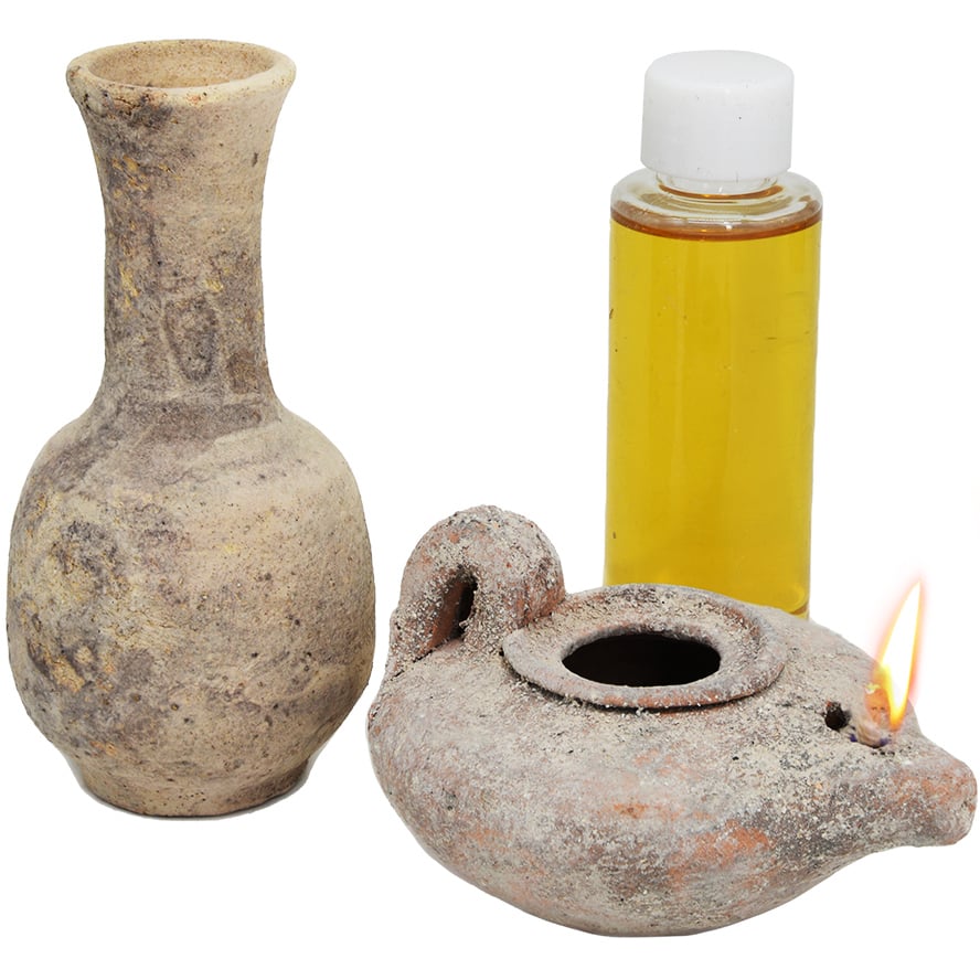 Replica Clay Lamp & Filler of Jesus Period + Jerusalem Oil
