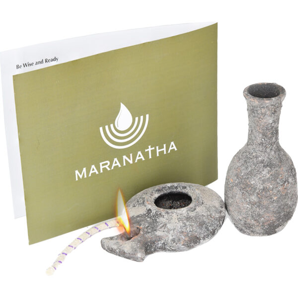 Maranatha - Wise Virgin Clay Oil Lamp & Filler with 'Maranatha' Biblical commentary