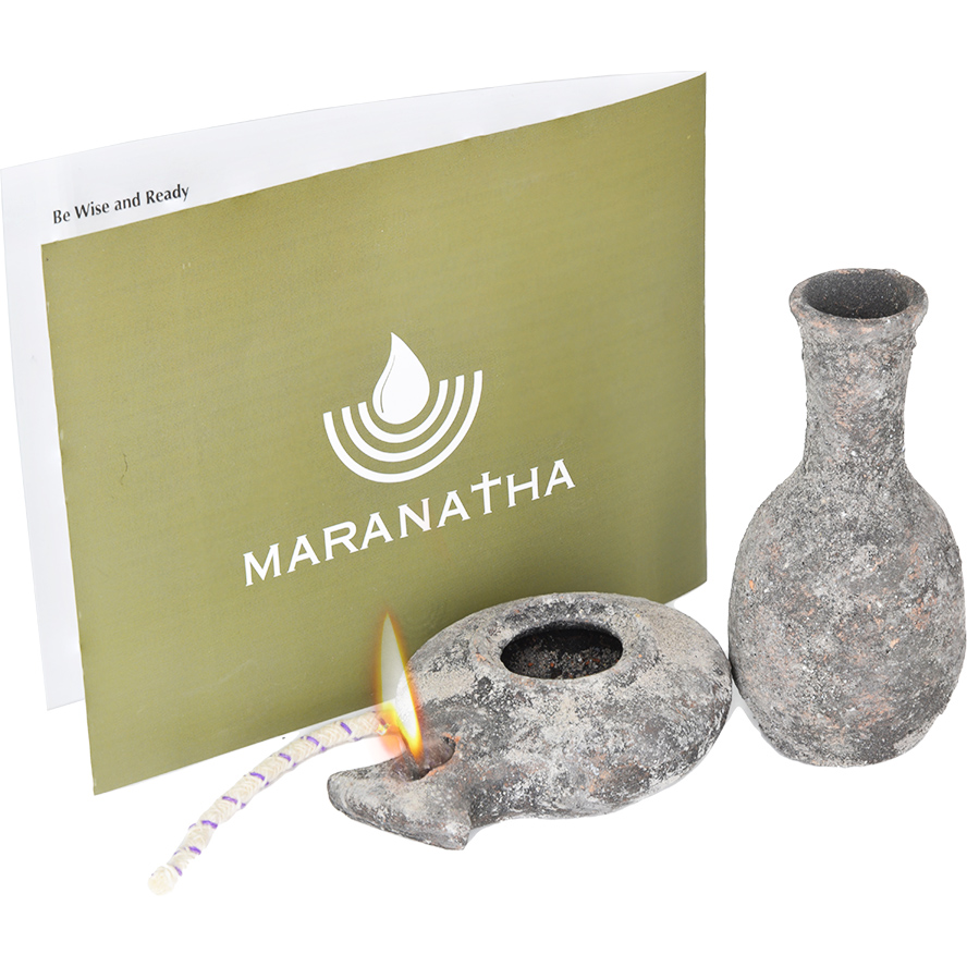 Maranatha – Wise Virgin Clay Oil Lamp & Filler with ‘Maranatha’ Biblical commentary