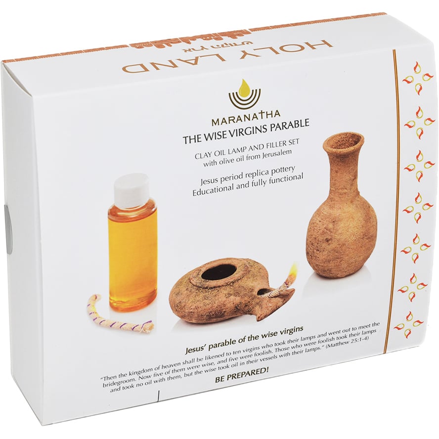 Maranatha – Wise Virgins Clay Lamp, Filler & Jerusalem Oil – Boxed Set from Israel (package)