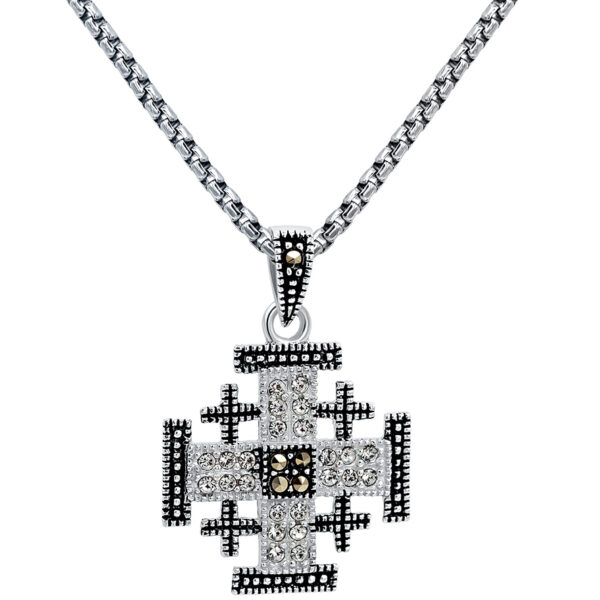 Small 'Jerusalem Cross' Marcasite and Zircon Silver Pendant (with chain)