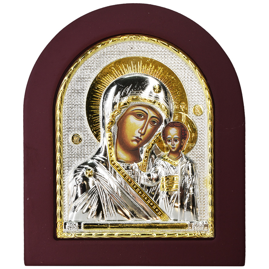 'Virgin Mary and Baby Jesus' Icon - Silver and Gold Plated (front view)