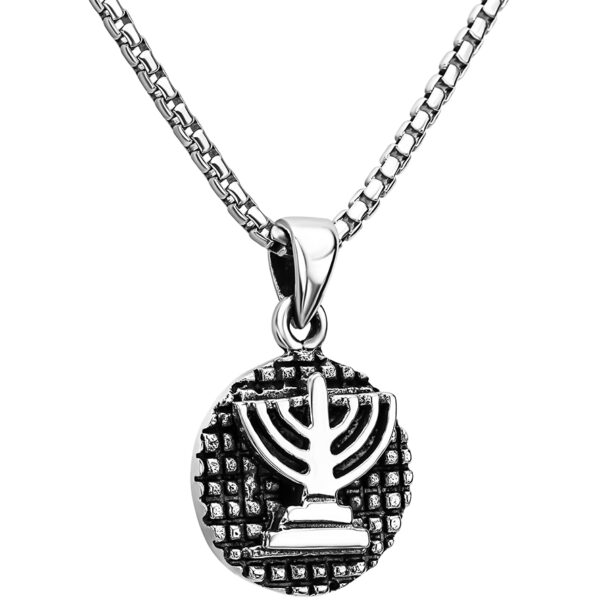 Menorah on Circular Oxidized Sterling Silver Pendant (with chain)
