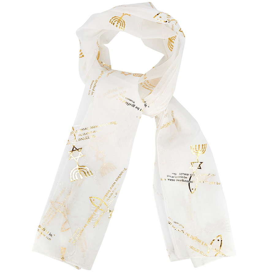 Messianic 'Grafted In' Scripture Scarf in Hebrew - White