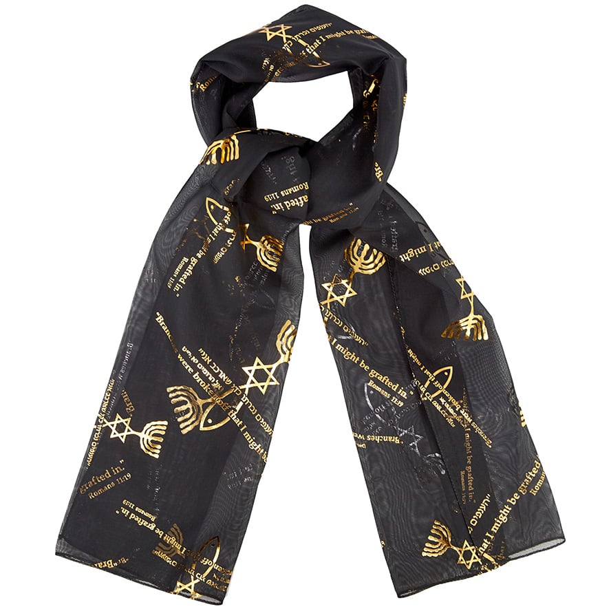 Messianic 'Grafted In' Scripture Scarf from Israel in Hebrew - Black