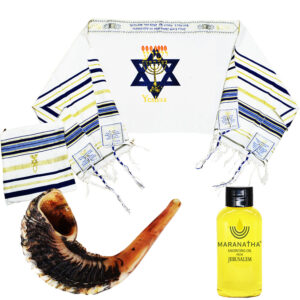 Messianic Prayer Warrior 'YESHUA' Tallit Set - Anointing Oil and Shofar - Blue