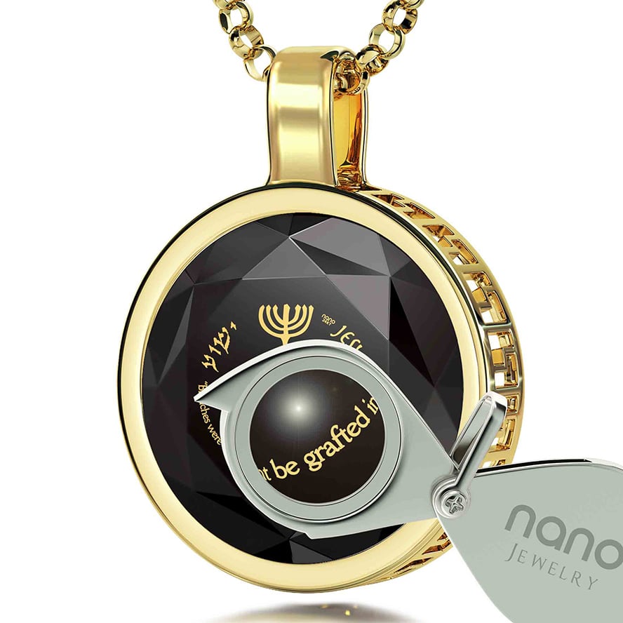 ‘One New Man’ 24k Inscribed Zirconia – 14k Gold Messianic Necklace (with magnifying glass)